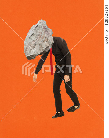 Bold colorful poster of man with rock head dragging his feet. 129925168