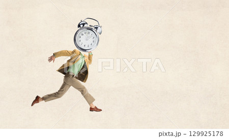 Digital artwork. Running man with alarm clock instead of head symbol of hurry 129925178