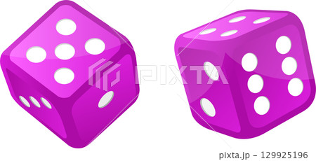 Two purple dice with white spots for a lucky roll, game night, or a chance at winning big. 129925196