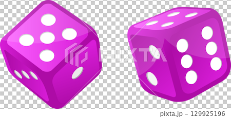 Two purple dice with white spots for a lucky roll, game night, or a chance at winning big. 129925196