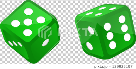Two shiny green dice with white spots, one showing a five and the other showing a six. 129925197