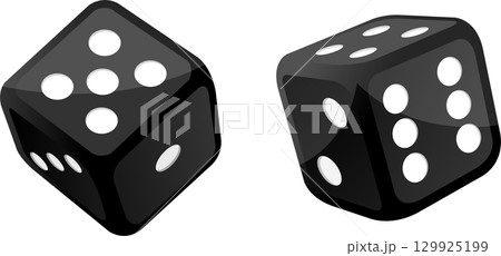 Two black dice with white spots illustrate random chance and games of luck on dark background. Two black dice with white spots illustrate random chance and games of luck on dark background. 129925199