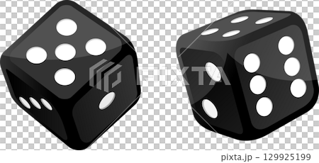 Two black dice with white spots illustrate random chance and games of luck on dark background. Two black dice with white spots illustrate random chance and games of luck on dark background. 129925199