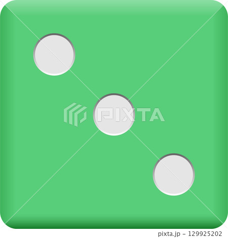 Green dice with three white dots displayed, representing the number three in a game of chance. 129925202