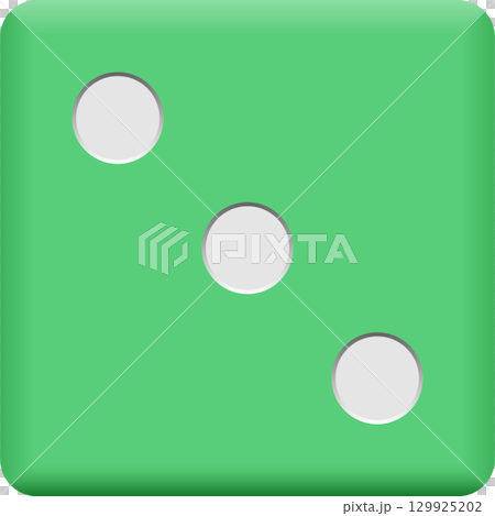 Green dice with three white dots displayed, representing the number three in a game of chance. 129925202