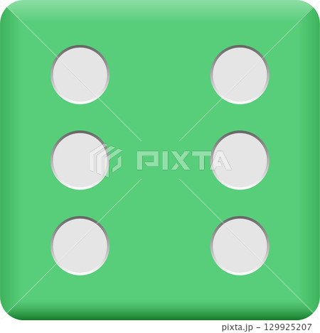 Close-up of a green die with six white dots, indicating the highest possible roll in a game. Close-up of a green die with six white dots, indicating the highest possible roll in a game. 129925207