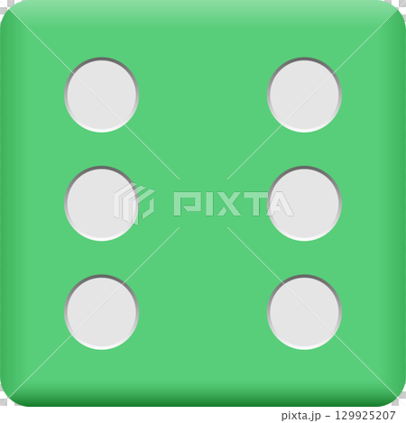 Close-up of a green die with six white dots, indicating the highest possible roll in a game. Close-up of a green die with six white dots, indicating the highest possible roll in a game. 129925207