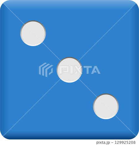 A blue die featuring the number three displayed with three white, circular indentations. A blue die featuring the number three displayed with three white, circular indentations. 129925208