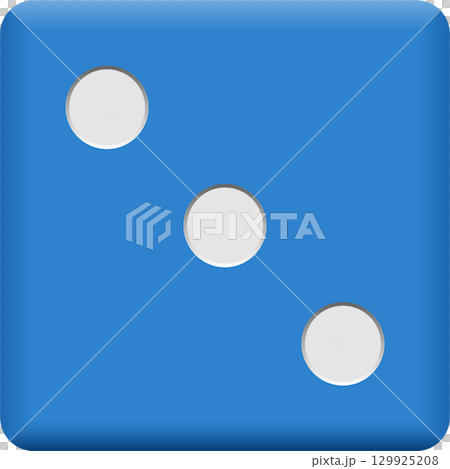 A blue die featuring the number three displayed with three white, circular indentations. A blue die featuring the number three displayed with three white, circular indentations. 129925208