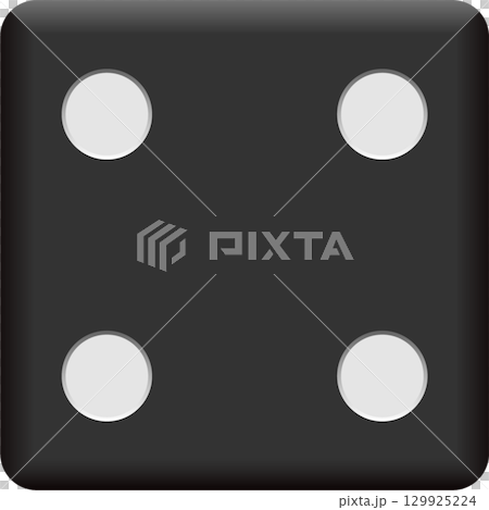 A black die shows the number four with four white pips arranged in a square formation. A black die shows the number four with four white pips arranged in a square formation. 129925224