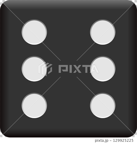 A close-up view of a black die, showing the number six with its white, circular dots. 129925225