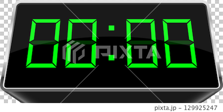 Digital display featuring bright green numbers against a dark background showing the time. 129925247