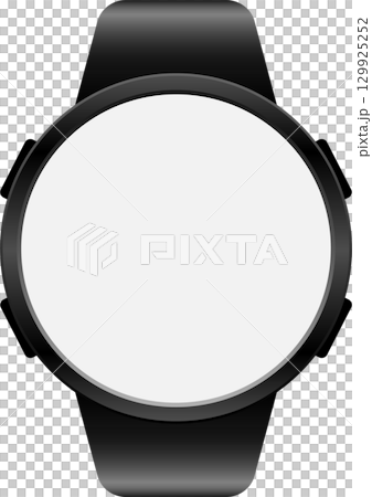 Sleek smartwatch with a blank white screen, modern design, and black band on a plain background. Sleek smartwatch with a blank white screen, modern design, and black band on a plain background. 129925252