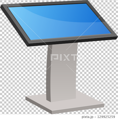 An illustration shows an upright digital kiosk featuring a blue touchscreen with gray frame and base. 129925259