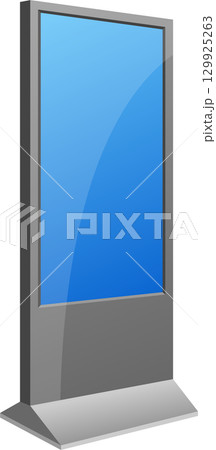An empty freestanding information kiosk or advertising display with a blue screen stands alone. An empty freestanding information kiosk or advertising display with a blue screen stands alone. 129925263