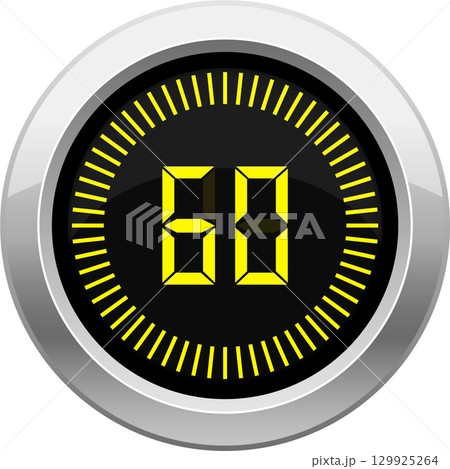 A digital timer with a shiny chrome border counts up to 60 seconds in yellow and is set to zero. 129925264