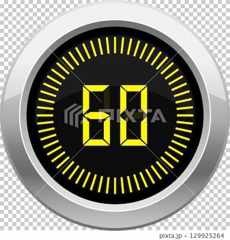 A digital timer with a shiny chrome border counts up to 60 seconds in yellow and is set to zero. A digital timer with a shiny chrome border counts up to 60 seconds in yellow and is set to zero. 129925264