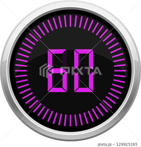 Digital display shows the number sixty, surrounded by a circular timer with ticks marking seconds. Digital display shows the number sixty, surrounded by a circular timer with ticks marking seconds. 129925265