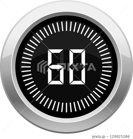 Digital timer displaying 60 seconds with a circular frame and tick marks around the edge. Digital timer displaying 60 seconds with a circular frame and tick marks around the edge. 129925266