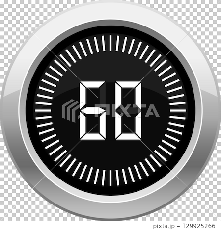 Digital timer displaying 60 seconds with a circular frame and tick marks around the edge. Digital timer displaying 60 seconds with a circular frame and tick marks around the edge. 129925266