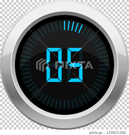 Digital timer with a sleek metal bezel displays the number 85 in bright blue against a dark screen. 129925268