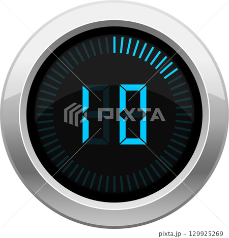 A digital timer or clock display shows two vertical boxes set inside of a round metal frame. A digital timer or clock display shows two vertical boxes set inside of a round metal frame. 129925269
