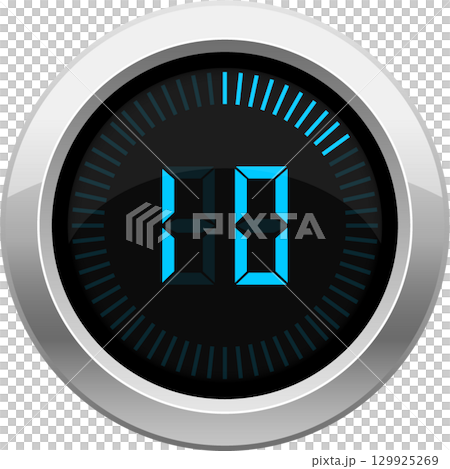 A digital timer or clock display shows two vertical boxes set inside of a round metal frame. 129925269