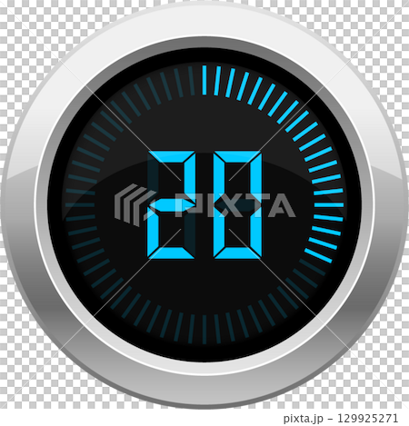 Digital timer displaying the number twenty with a metallic border against a black background. Digital timer displaying the number twenty with a metallic border against a black background. 129925271