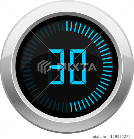 Digital timer displays the number thirty in bright blue, set against a sleek black background. Digital timer displays the number thirty in bright blue, set against a sleek black background. 129925273