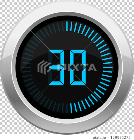 Digital timer displays the number thirty in bright blue, set against a sleek black background. Digital timer displays the number thirty in bright blue, set against a sleek black background. 129925273