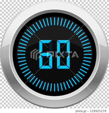 Digital timer displaying the number 60 in blue, set in a silver frame, against a black background. 129925279