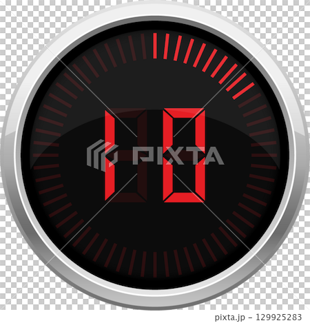 Digital counter with a silver frame displaying red digits on a black background. 129925283