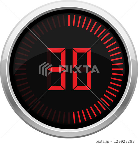 Digital display showing the number thirty. Modern clock with red numerals and a silver bezel. 129925285