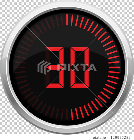 Digital display showing the number thirty. Modern clock with red numerals and a silver bezel. 129925285