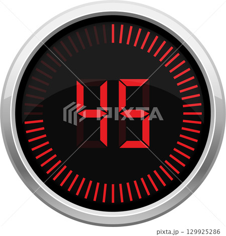 A digital timer with forty-five displayed. Red digital digits on a black background. Round timer. A digital timer with forty-five displayed. Red digital digits on a black background. Round timer. 129925286