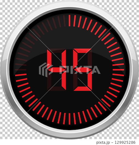 A digital timer with forty-five displayed. Red digital digits on a black background. Round timer. A digital timer with forty-five displayed. Red digital digits on a black background. Round timer. 129925286