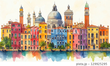 A charming watercolor illustration depicts the colorful buildings and canals of Venice, complete with gondolas and iconic architecture, against a white background. 129925295