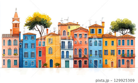 A charming watercolor illustration depicts the colorful buildings and canals of Venice, complete with gondolas and iconic architecture, against a white background. 129925309