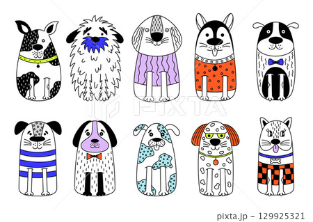 Vector illustration of ten cute dogs wearing funny sweaters and accessories. 129925321