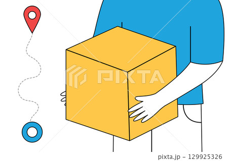 Courier hands holding a large box with location icons in the background. 129925326