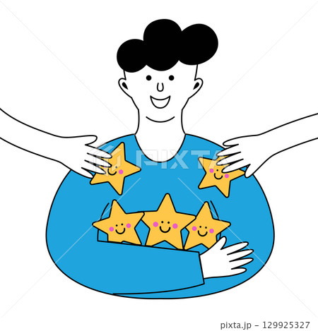 Smiling young man holding three golden stars while two extra stars are handed to him by other hands. Smiling young man holding three golden stars while two extra stars are handed to him by other hands. 129925327