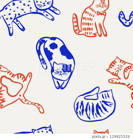 Playful seamless pattern with hand-drawn trendy cats. 129925328
