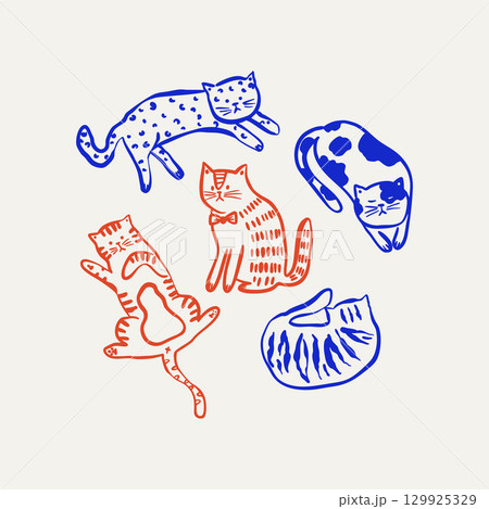 Hand-drawn cat clipart set featuring cute and quirky kittens in a trendy doodle style. Hand-drawn cat clipart set featuring cute and quirky kittens in a trendy doodle style. 129925329