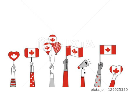 Set of festive illustrations featuring hands holding Canadian flags, balloons, and banners with Canadian symbols. Set of festive illustrations featuring hands holding Canadian flags, balloons, and banners with Canadian symbols. 129925330