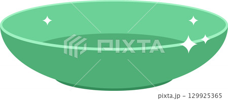 An empty shiny green serving bowl is displayed with reflective glimmers indicating its clean state. 129925365