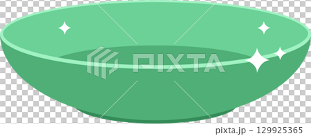 An empty shiny green serving bowl is displayed with reflective glimmers indicating its clean state. 129925365