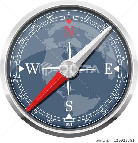 Navigation compass displaying direction with cardinal directions against a world map backdrop. 129925381
