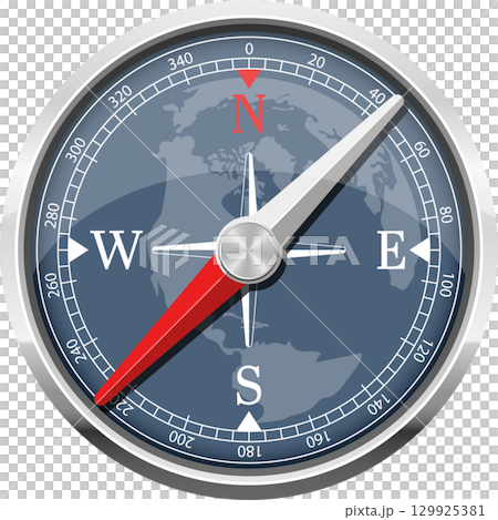 Navigation compass displaying direction with cardinal directions against a world map backdrop. 129925381
