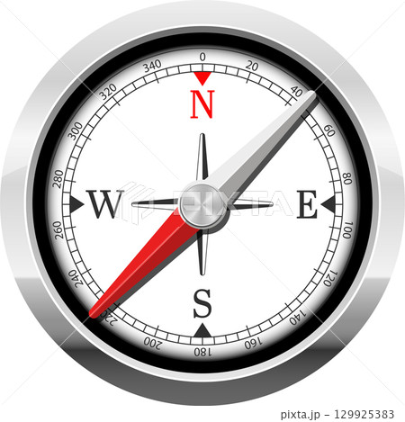 Navigational instrument: a shiny compass with a red needle indicating the magnetic direction. 129925383