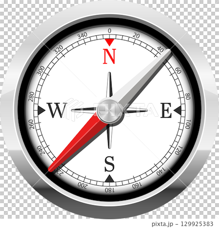 Navigational instrument: a shiny compass with a red needle indicating the magnetic direction. 129925383